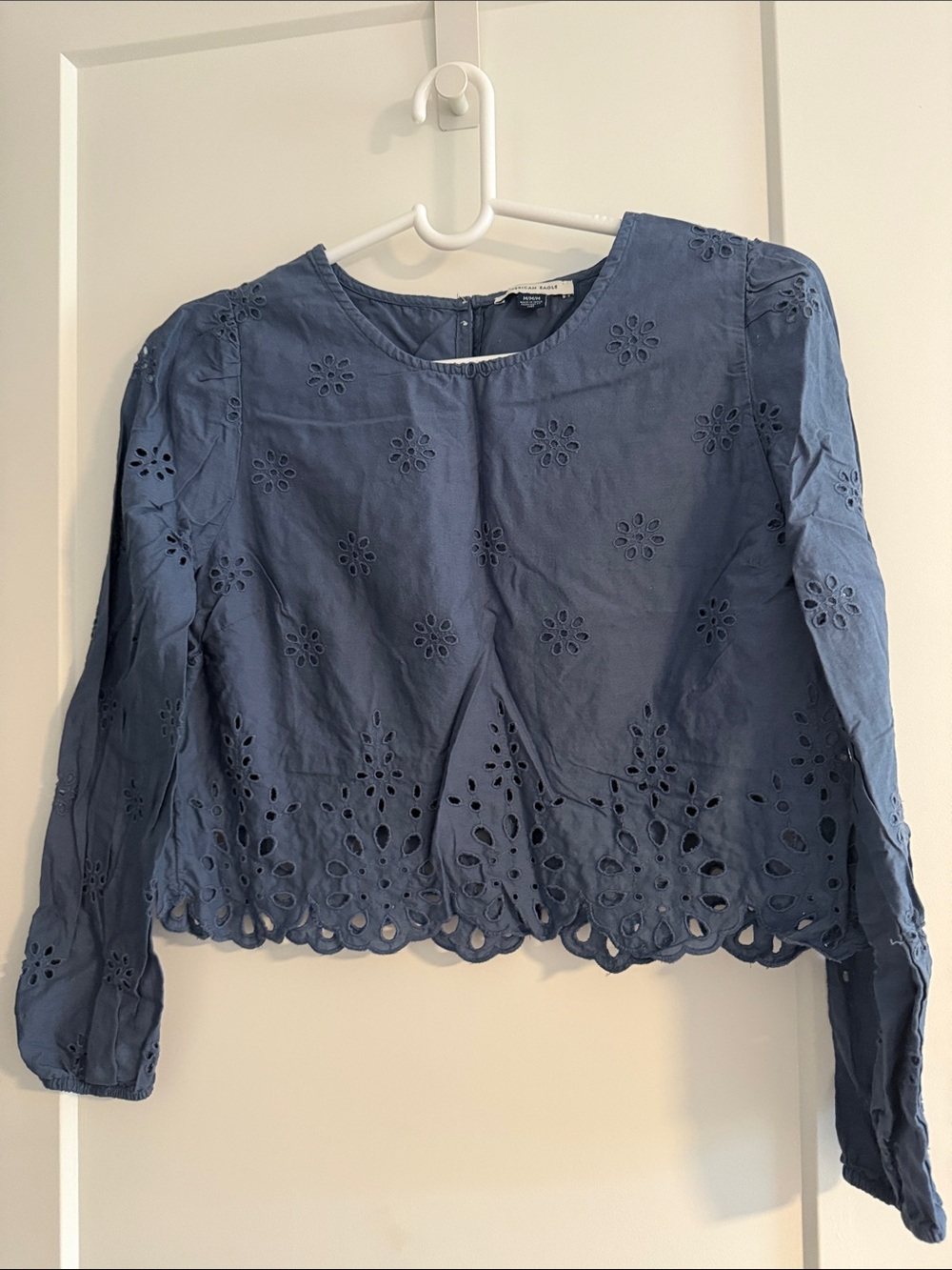 American Eagle Outfitters Blue Eyelet Cropped Long-Sleeve Blouse